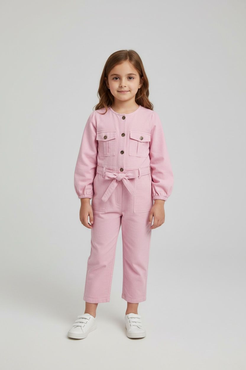 Pink Long Sleeve Jumpsuit with Tie Waist