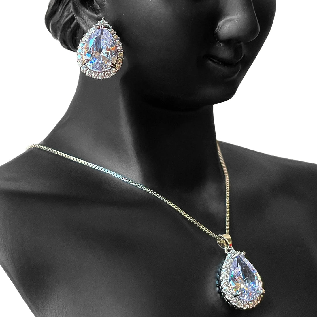 Earring and Necklace Sparkling Clear Crystal Pear Drop Jewelry Set