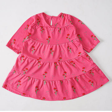 Blooming Beauty: Pink Tiered Dress with Floral Print and Long Sleeves