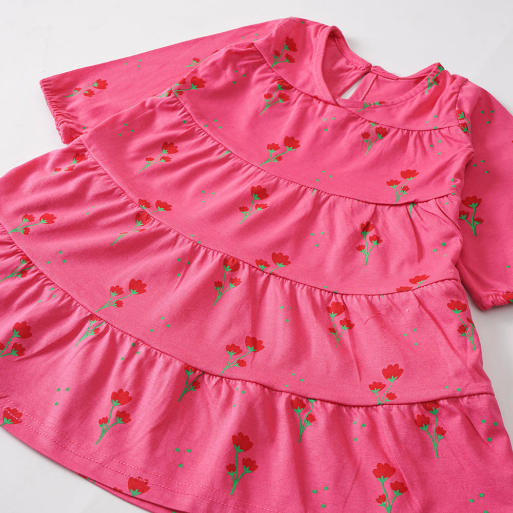 Blooming Beauty: Pink Tiered Dress with Floral Print and Long Sleeves