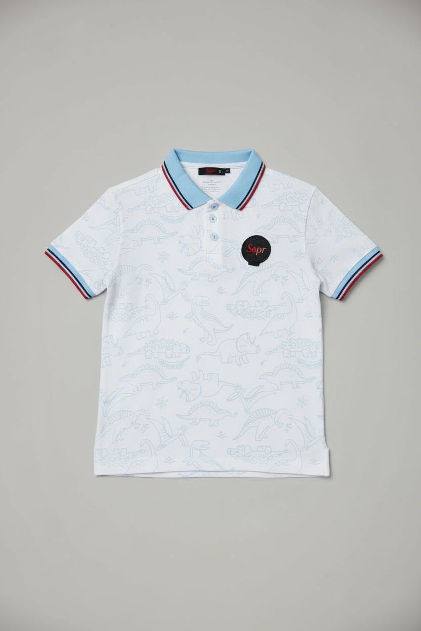JuniorArm Boys' White Dinosaur Print Polo with Sky Blue Collar
