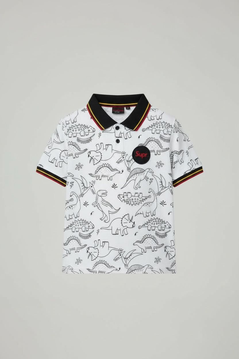 Status Quo Boys' White Dinosaur Outline Print Polo with Black Collar