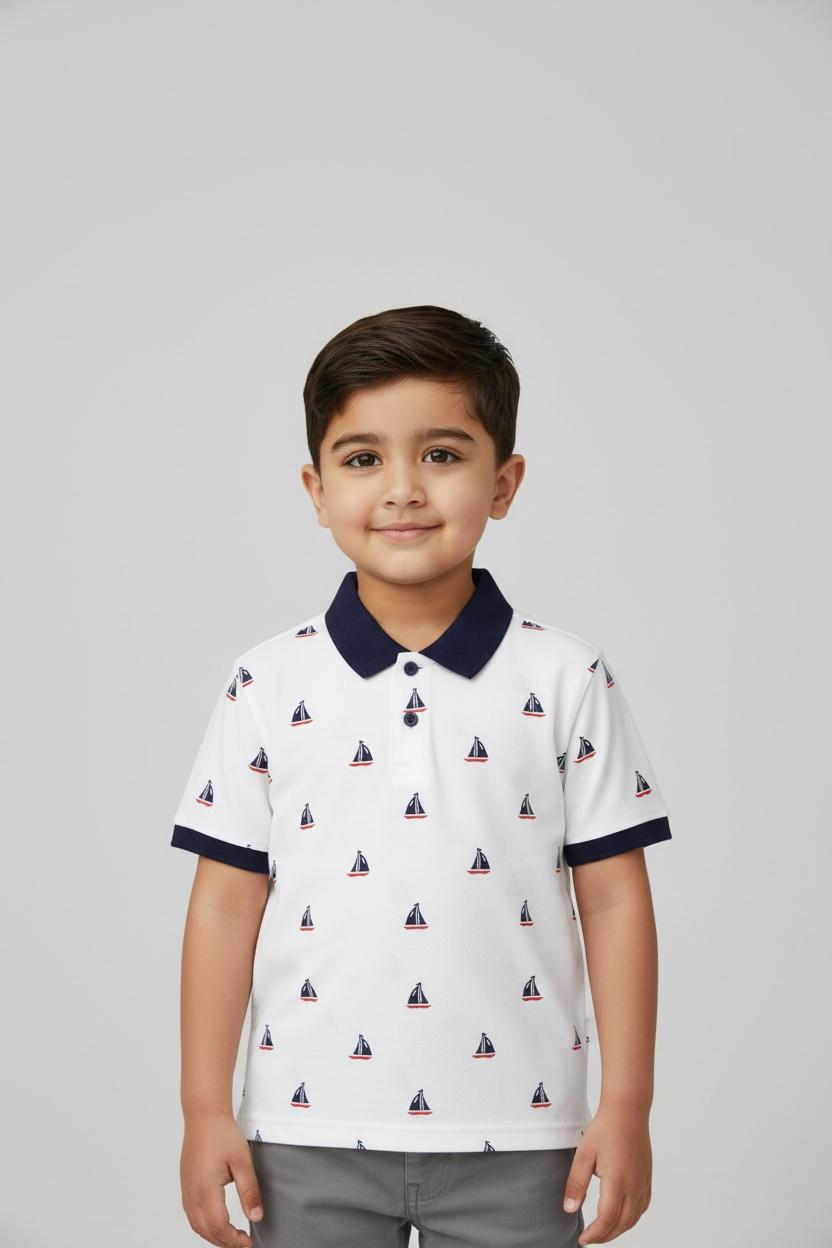 Kids' White Polo with Navy Sailboat Print & Collar