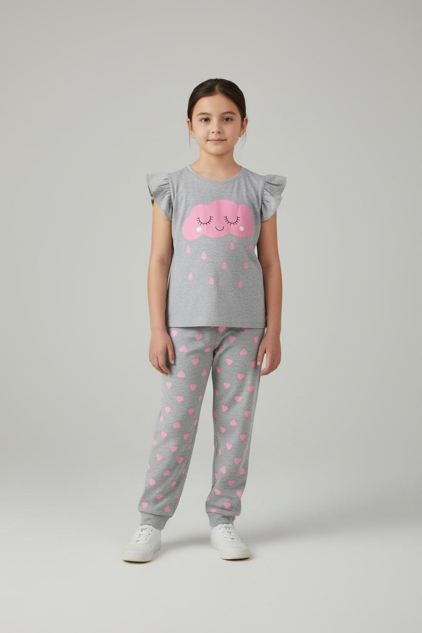 Dreamy Clouds: Gray Pajama Set with Pink Cloud and Rain Drops