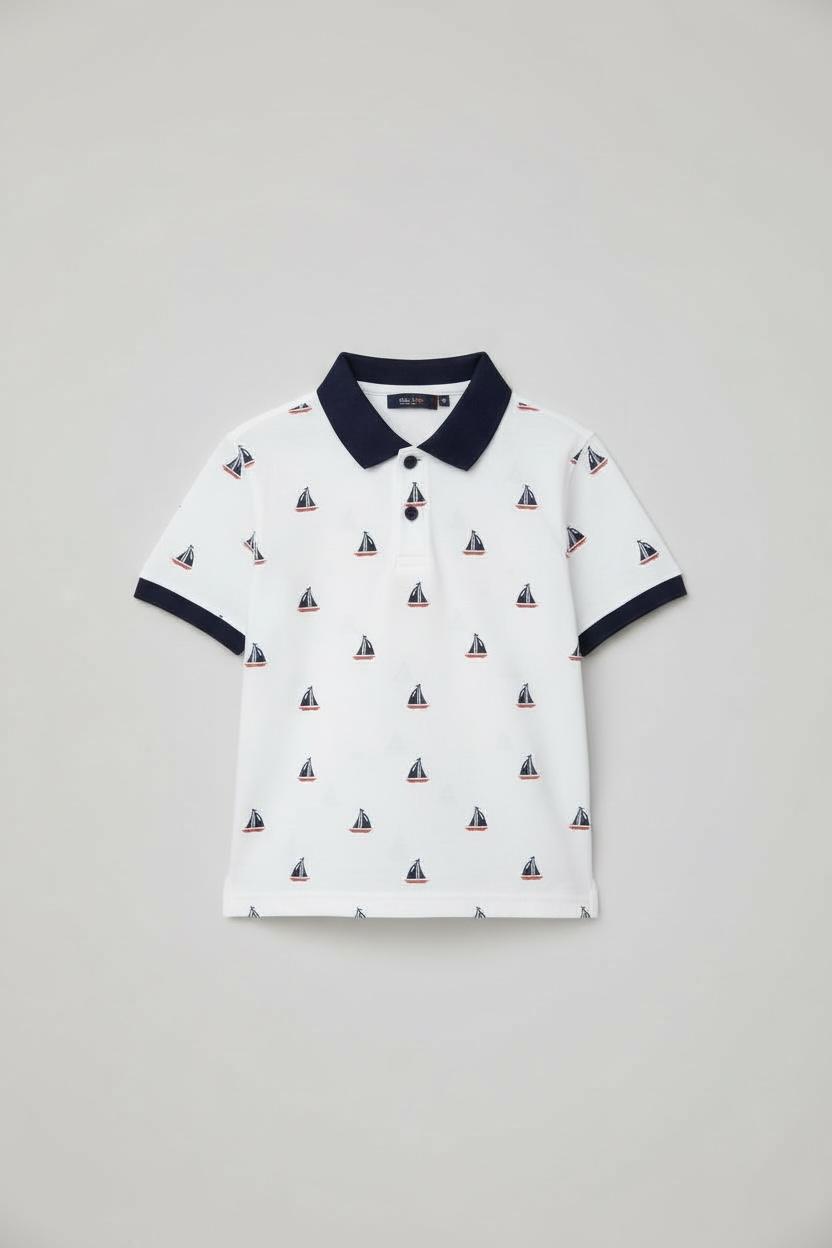 Kids' White Polo with Navy Sailboat Print & Collar
