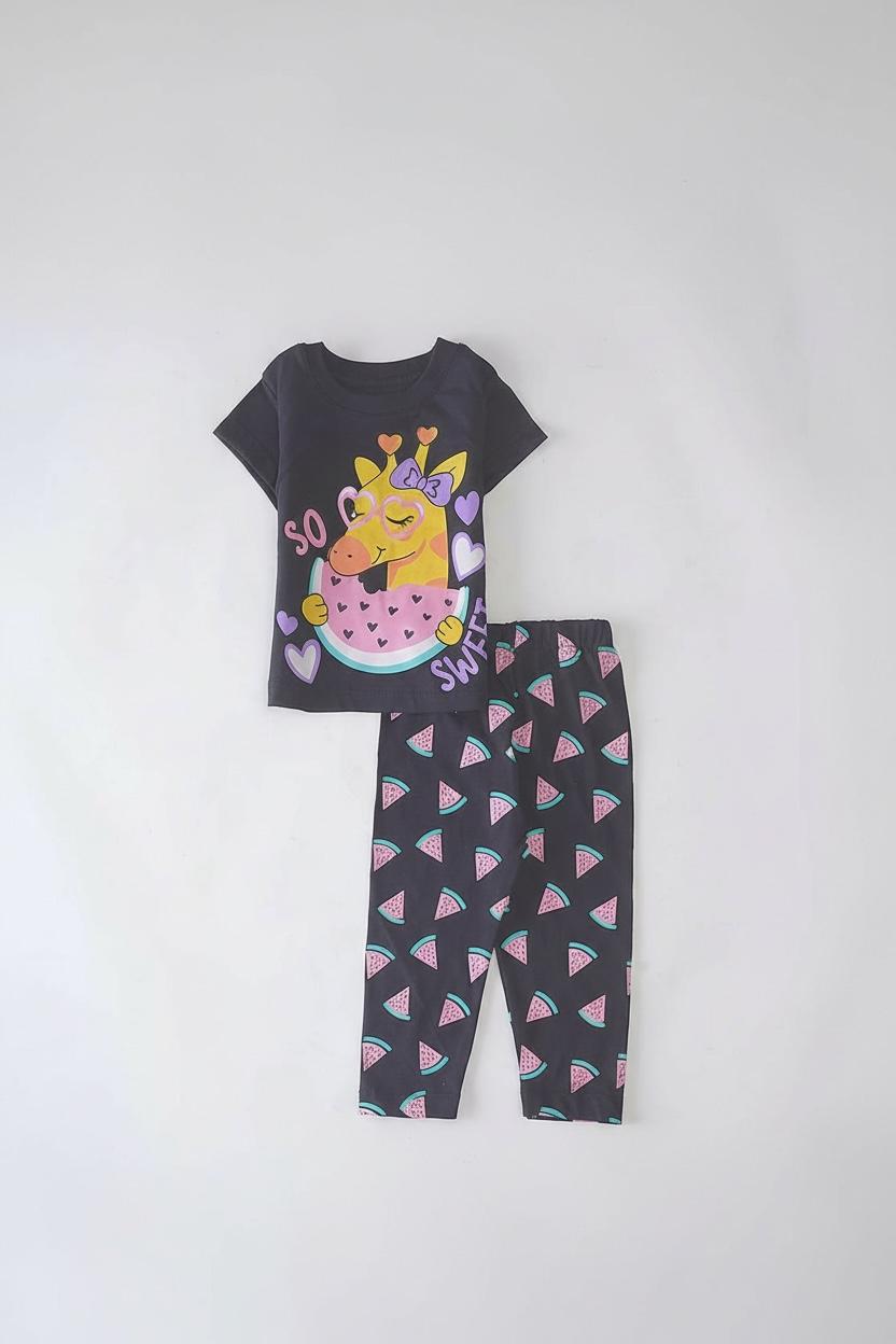 Giraffe Slumber: Black Pajama Set with Whimsical Design