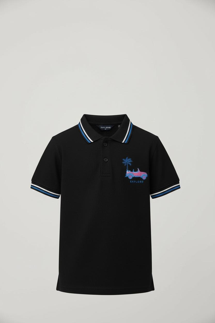 Boys' Black "Explore" Adventure Graphic Polo Shirt
