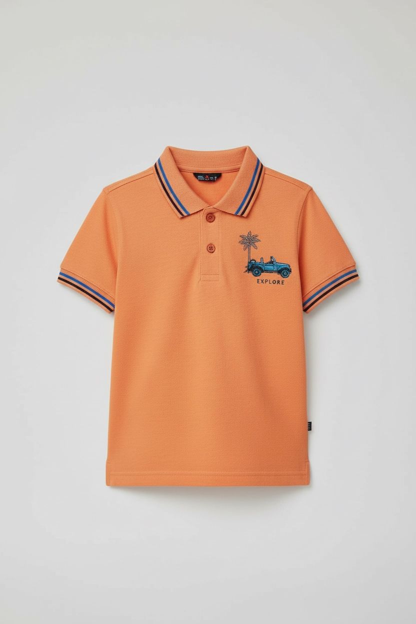 JuniorArm Boys' Orange "Explore" Jeep Graphic Polo