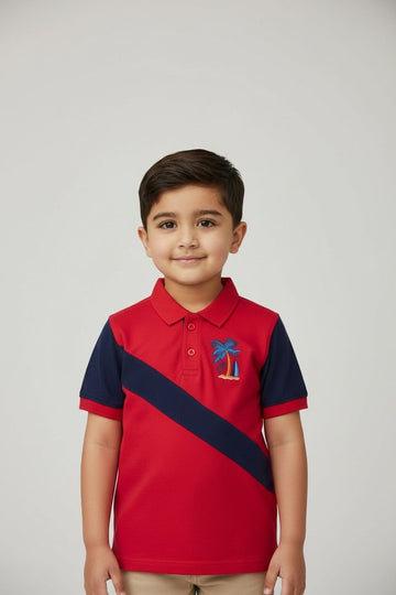 Kids' Red & Navy Color Block Polo with Palm Tree Graphic