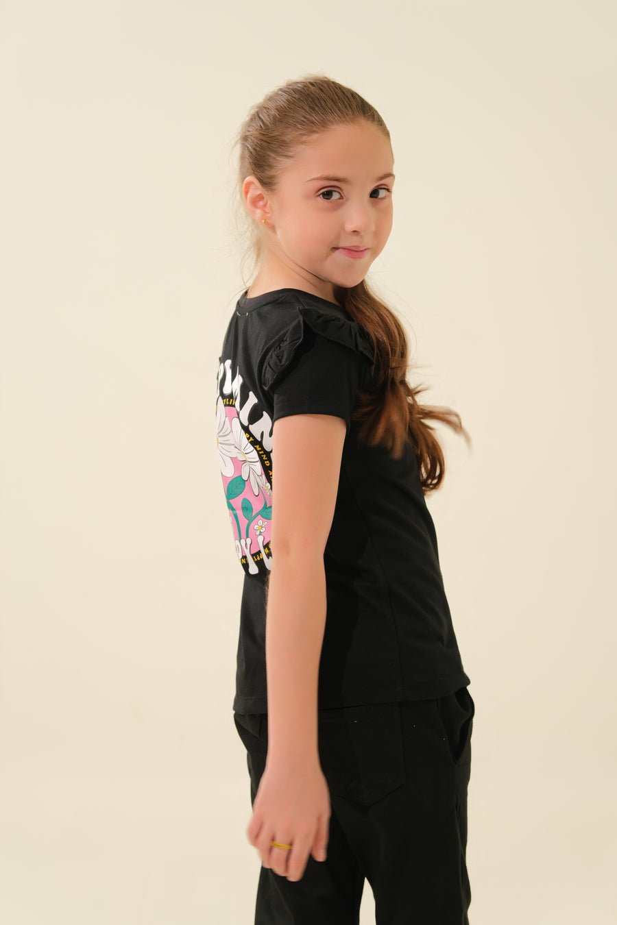 Branded “OKAÏDI” Floral T-Shirt with Ruffled Sleeves