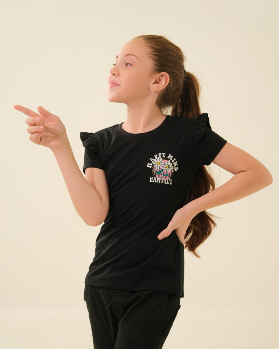 Branded “OKAÏDI” Floral T-Shirt with Ruffled Sleeves