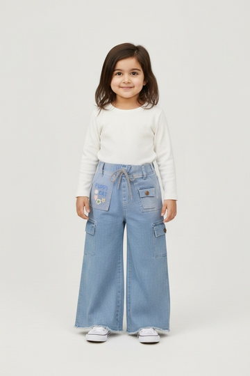 Girls Light Blue Cargo Wide-Leg Pant