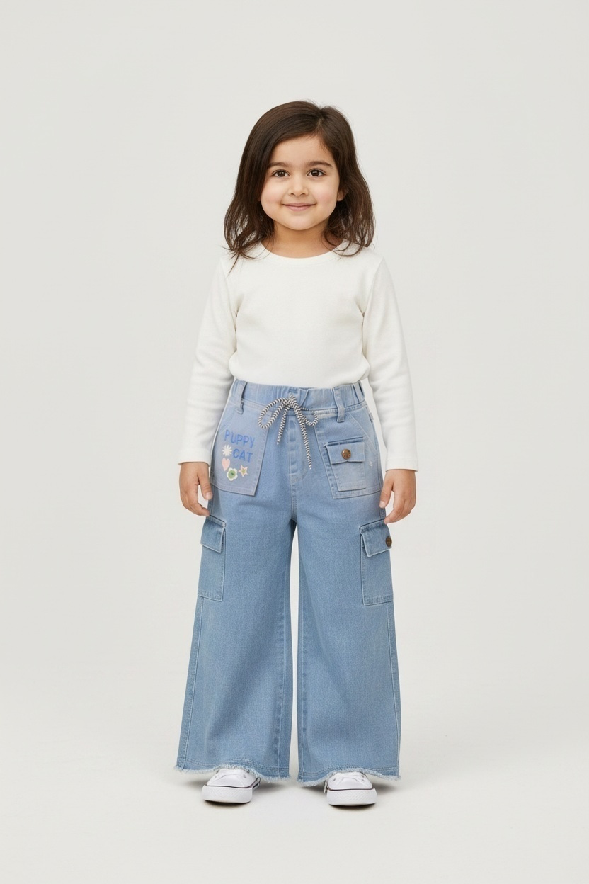 Girls Light Blue Cargo Wide-Leg Pant
