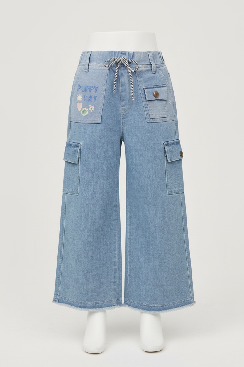 Girls Light Blue Cargo Wide-Leg Pant