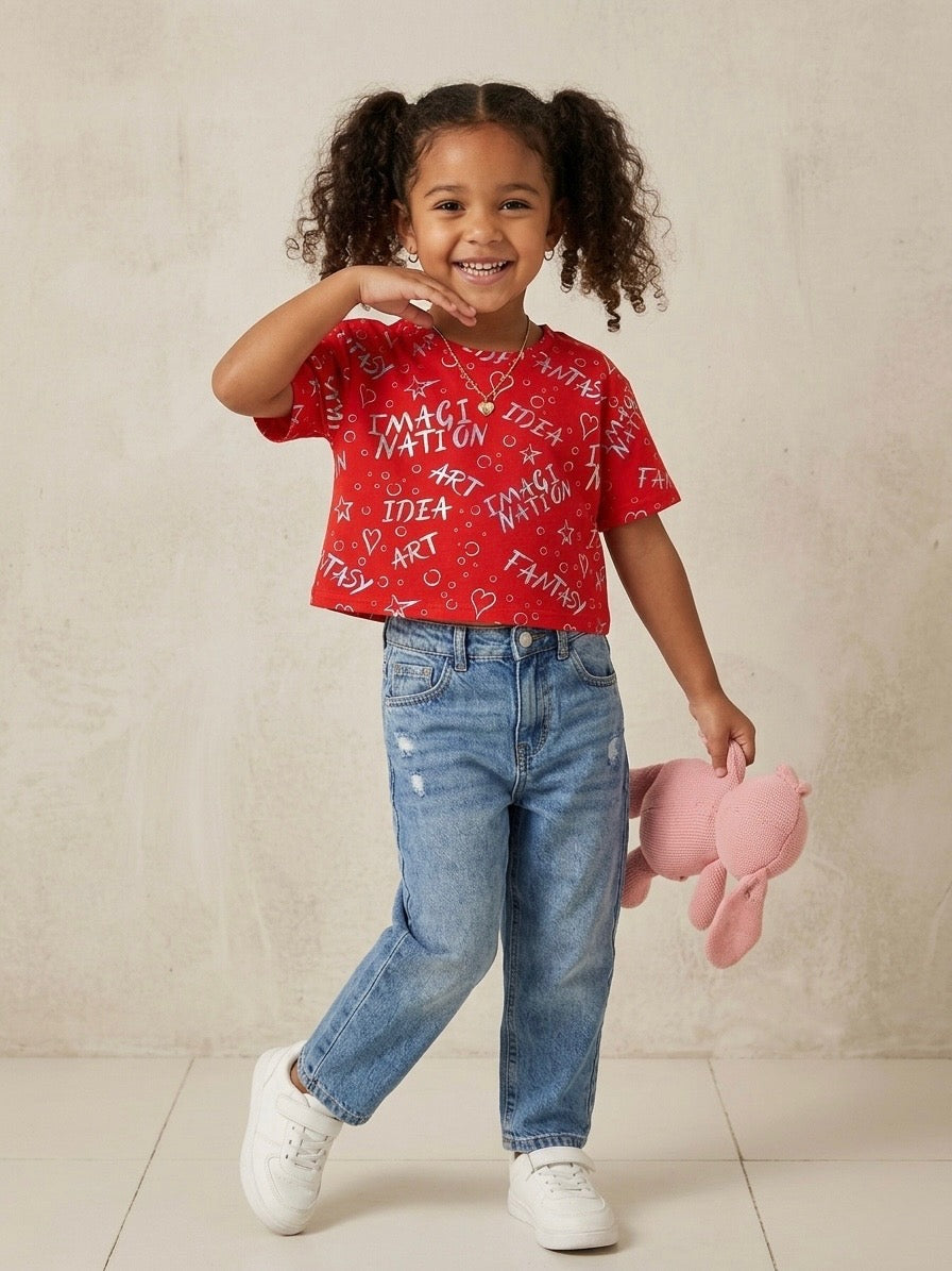 Branded Girls Red Graphic Print Crop T-Shirt