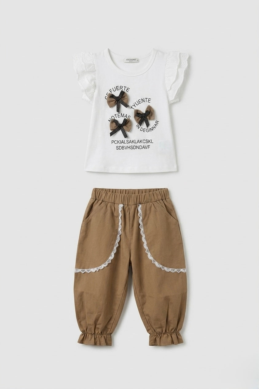 Girls' Bow-Accent Flutter Tee & Lace-Trimmed Shorts Set