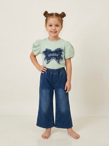 Girls' Butterfly Puff-Sleeve Top & Polka Dot Wide-Leg Denim Set