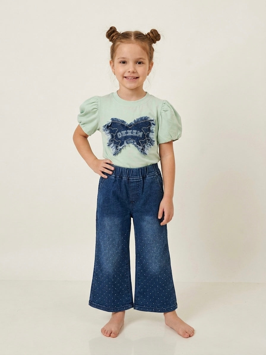 Girls' Butterfly Puff-Sleeve Top & Polka Dot Wide-Leg Denim Set