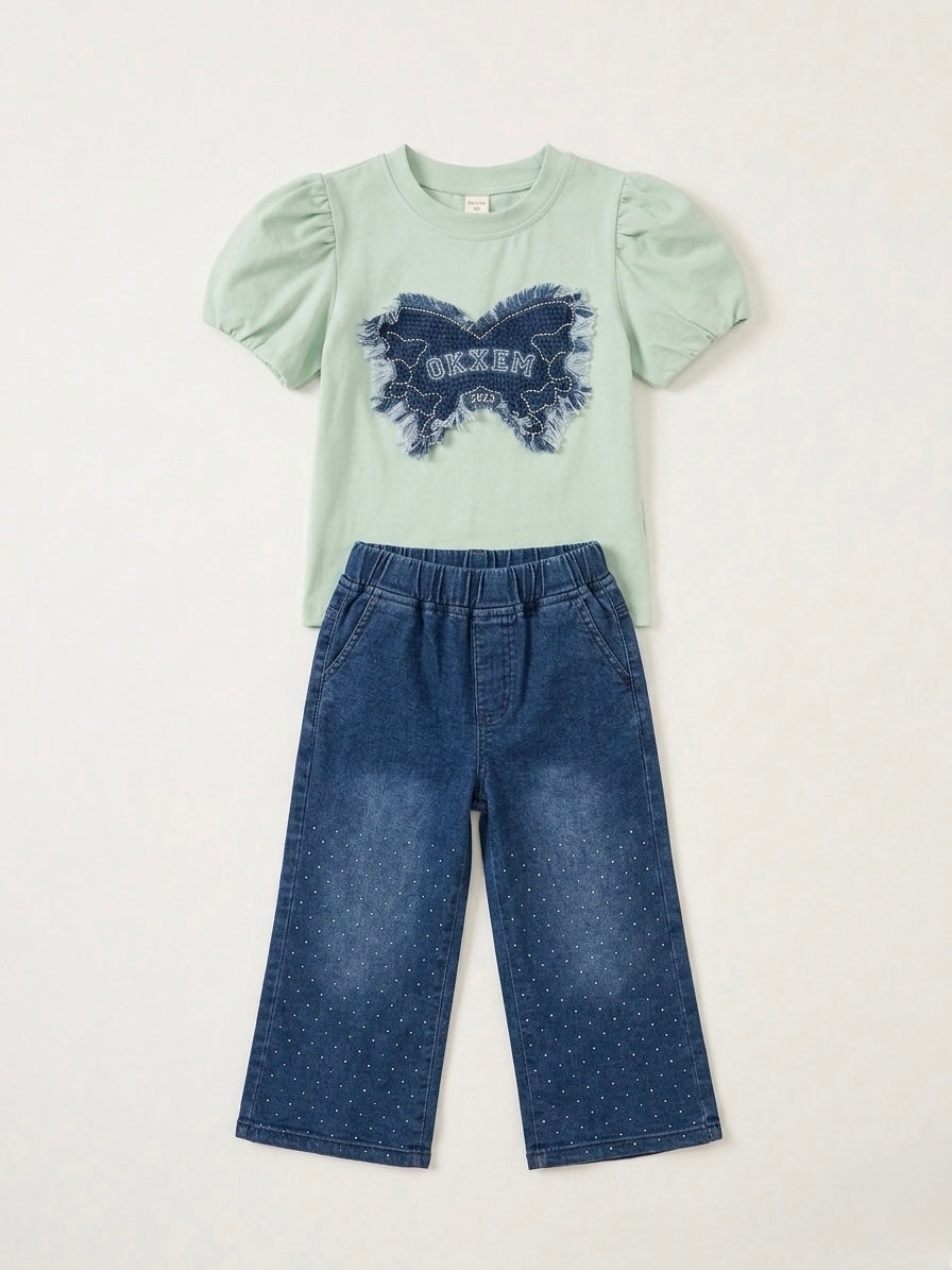 Girls' Butterfly Puff-Sleeve Top & Polka Dot Wide-Leg Denim Set