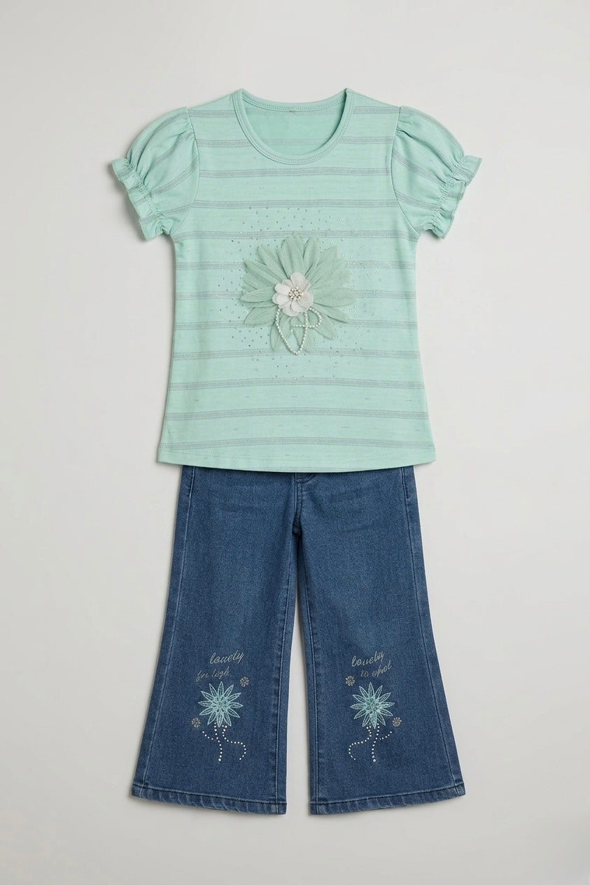 Girls' Mint Floral Puff-Sleeve Top & Embroidered Wide-Leg Jeans Set