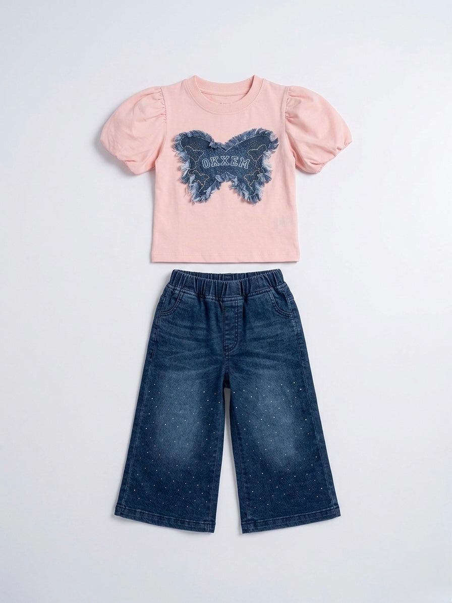 Pink Denim Glow Girls Co-Ord Set