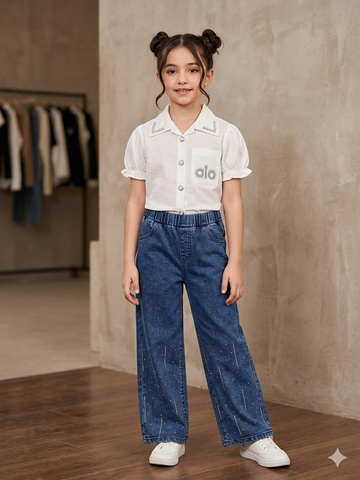 Girls White Shirt & Sparkle Wide-Leg Denim Pants Set