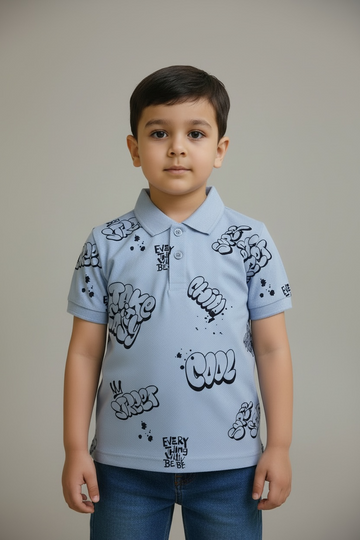 Branded "JUNIORS" Sky Blue Graffiti Print Polo