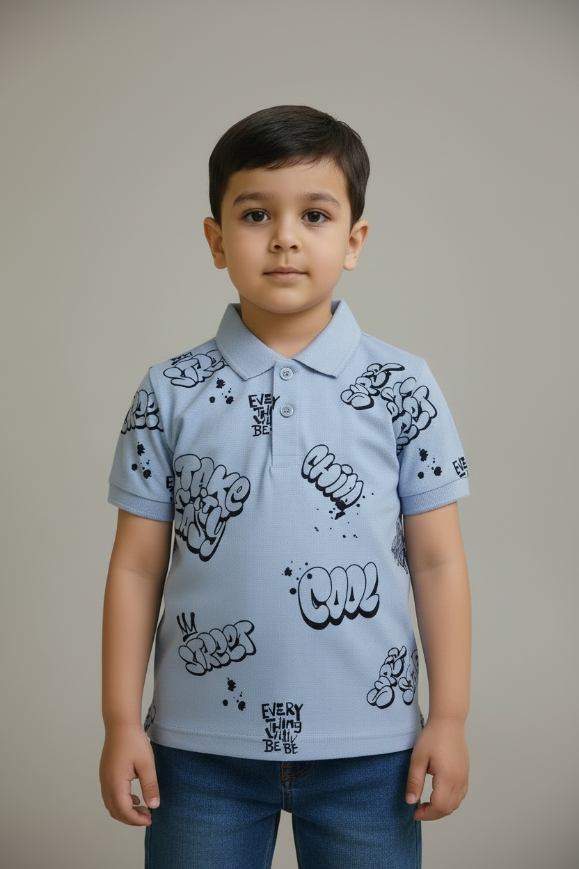 Branded "JUNIORS" Sky Blue Graffiti Print Polo