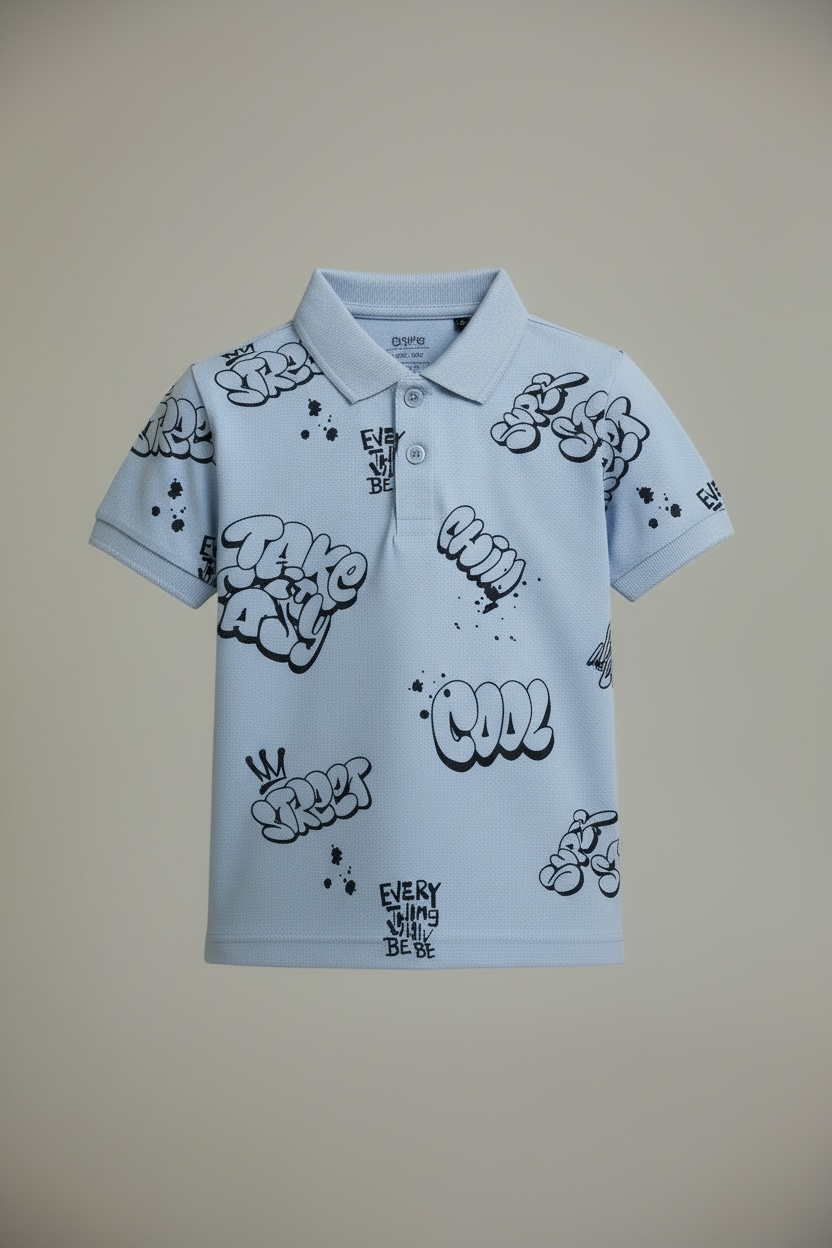 Branded "JUNIORS" Sky Blue Graffiti Print Polo