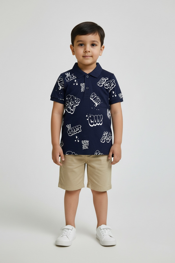 Branded "JUNIORS" Navy Blue Graffiti Print Polo