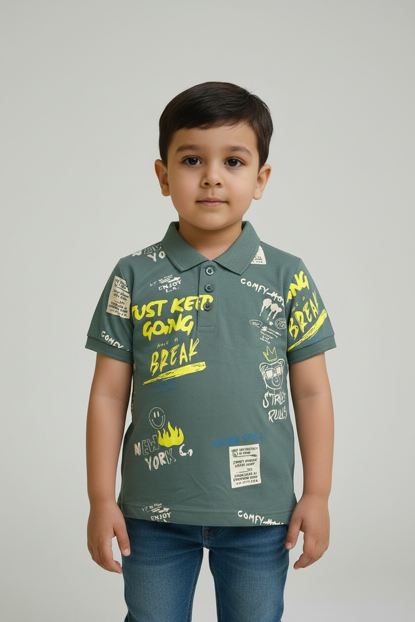 Branded "JUNIORS" Graphic Polo – Sage Green