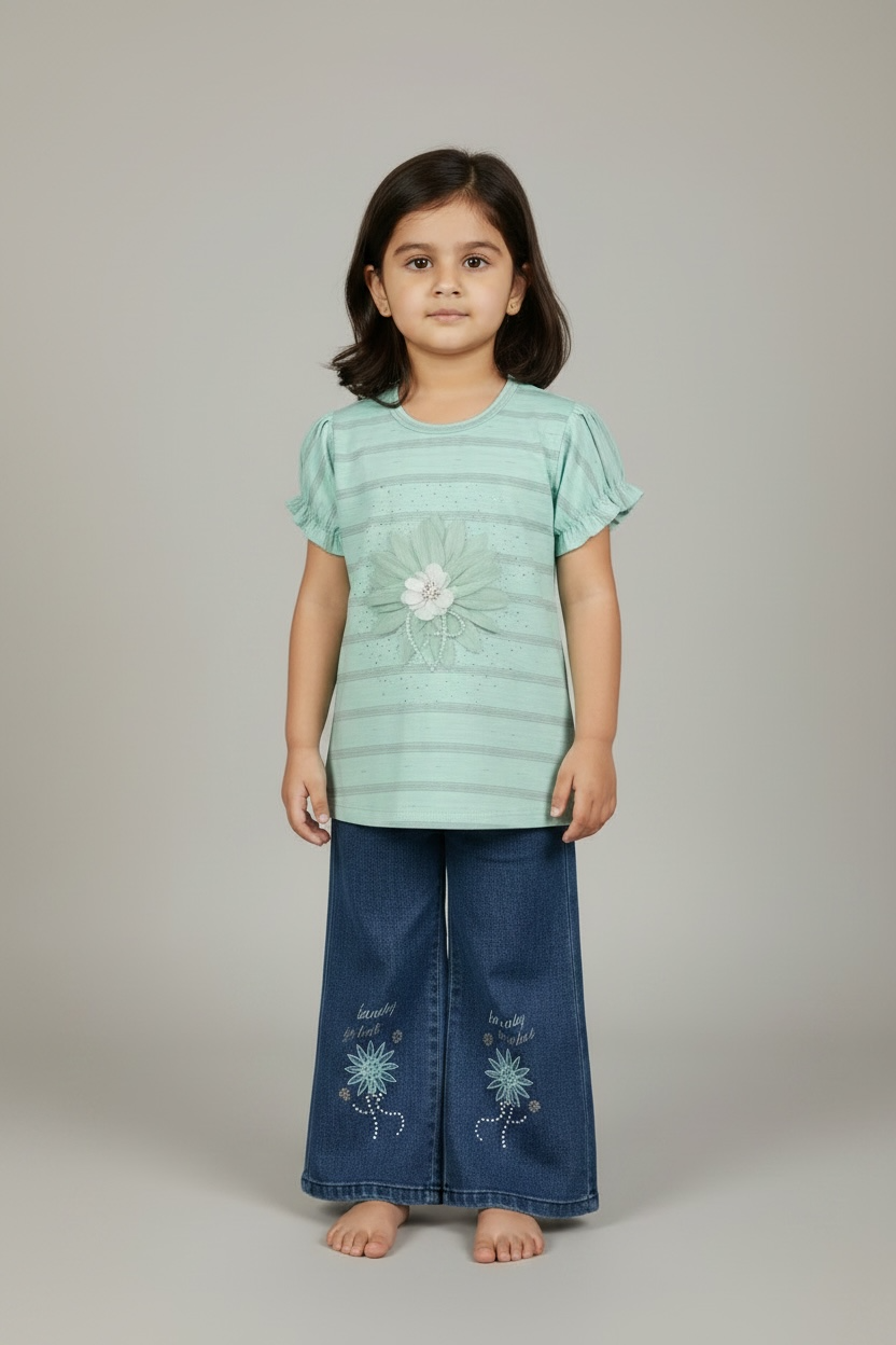 Girls' Mint Floral Puff-Sleeve Top & Embroidered Wide-Leg Jeans Set