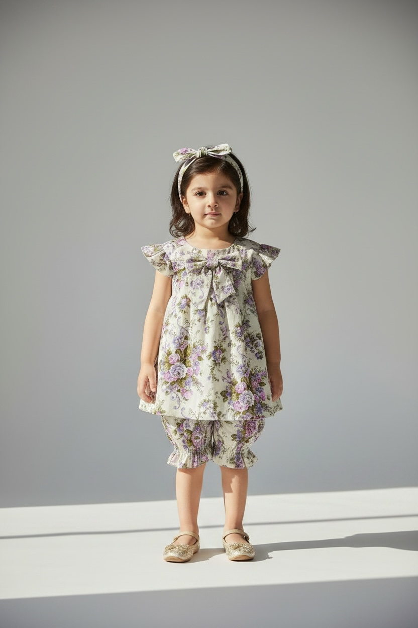 Lavender Floral Co-Ord Set with Bow Detail