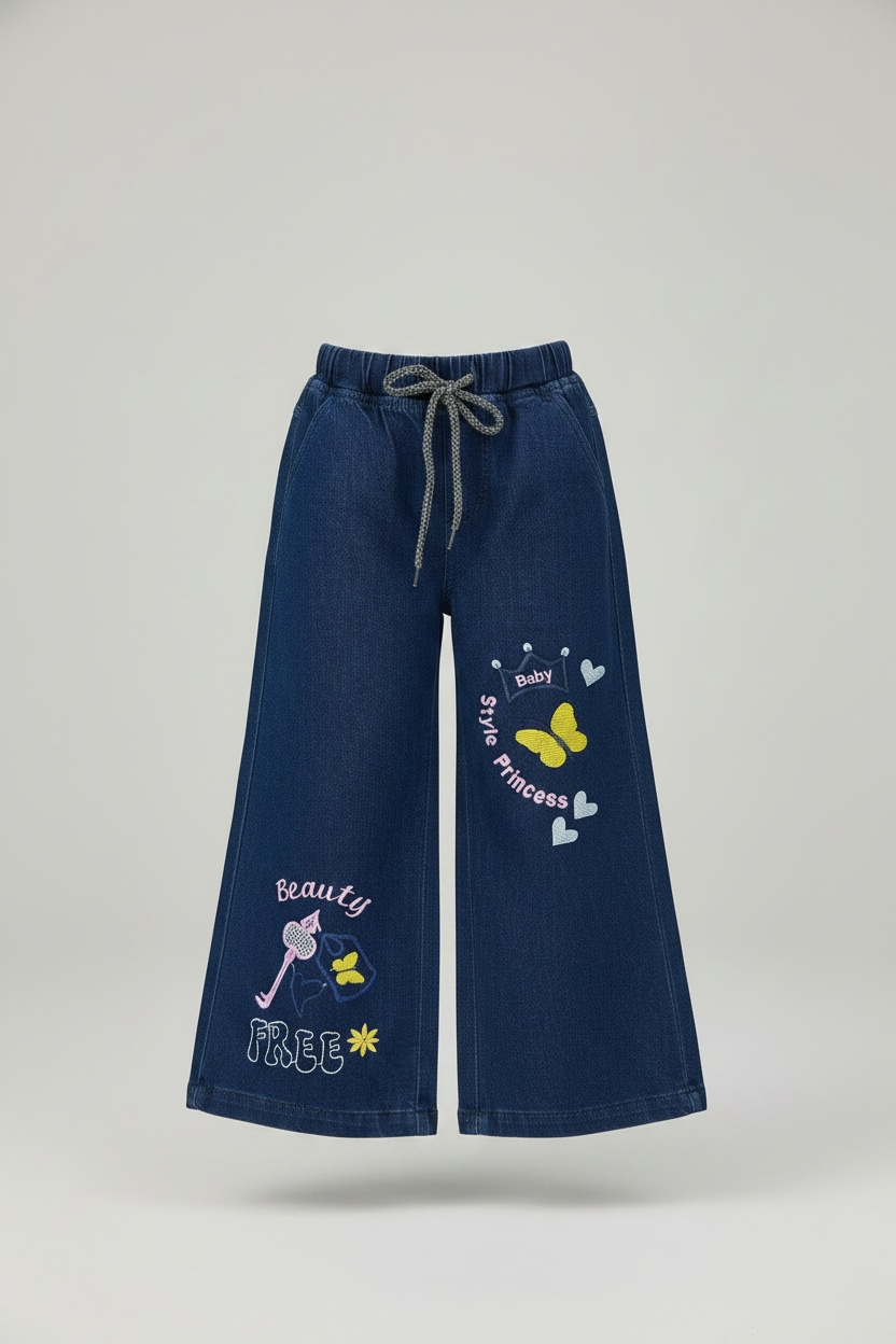 Embroidered Wide Leg Denim Pants