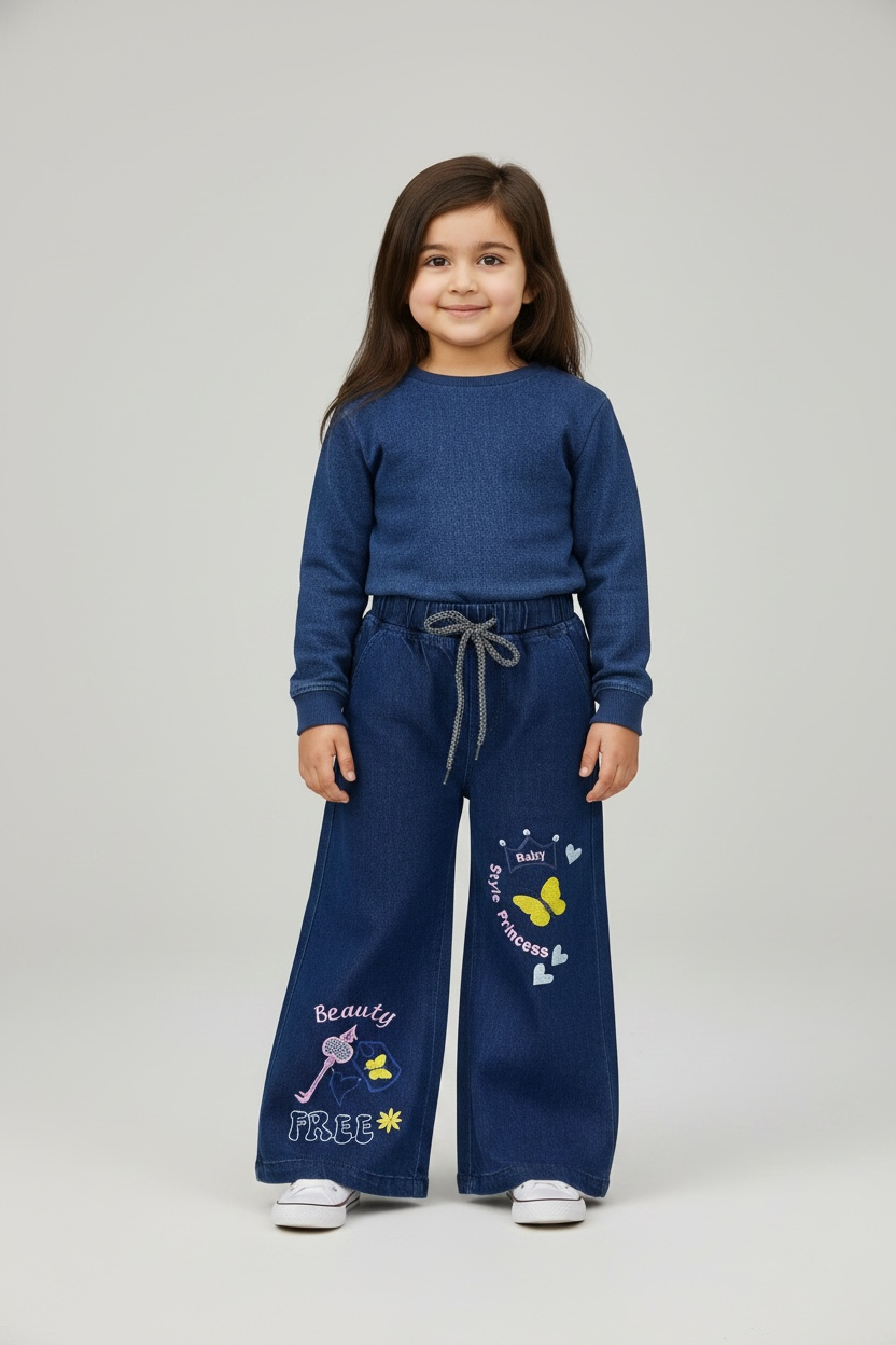 Embroidered Wide Leg Denim Pants