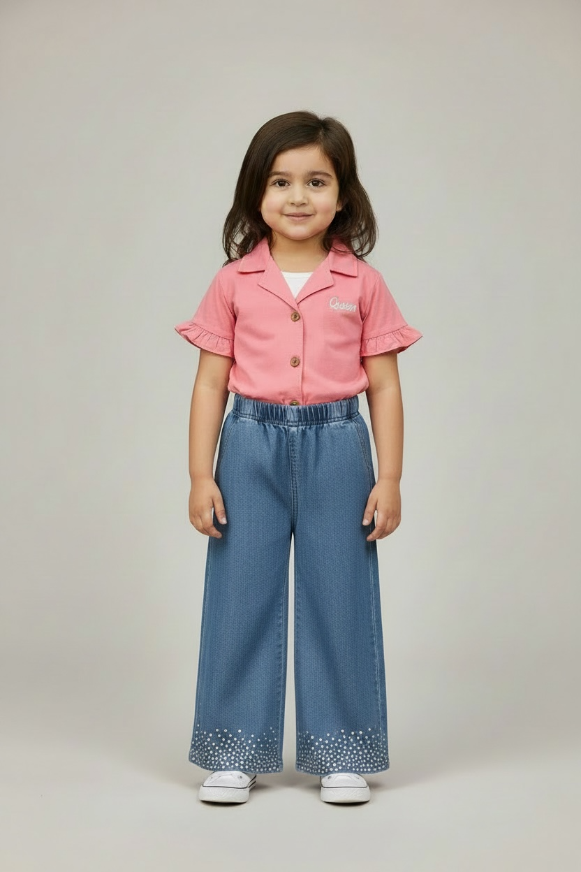 Girls Pink Ruffle Sleeve Top & Wide-Leg Denim Pants set