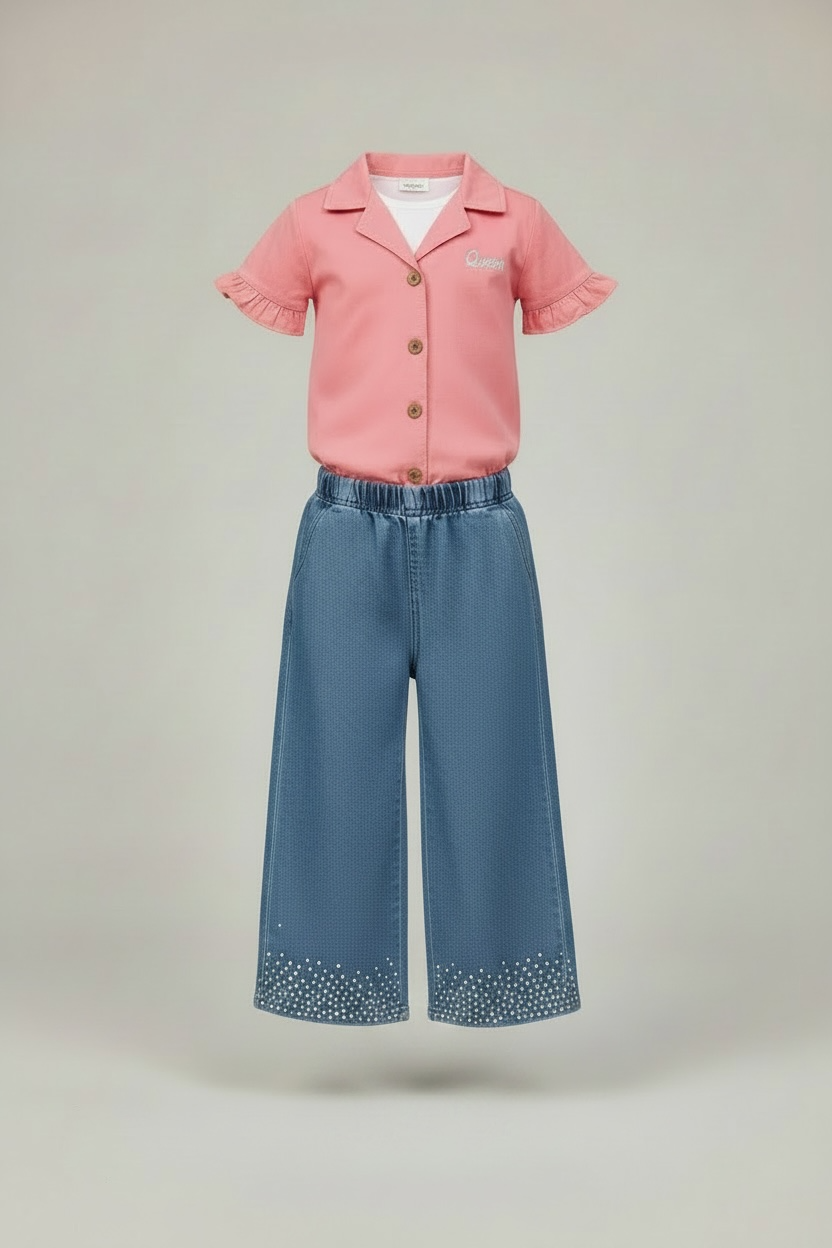 Girls Pink Ruffle Sleeve Top & Wide-Leg Denim Pants set