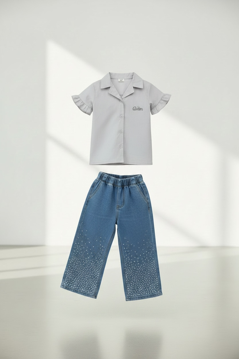 Girls Light Blue Ruffle Sleeve Top & Wide-Leg Denim Pants Set