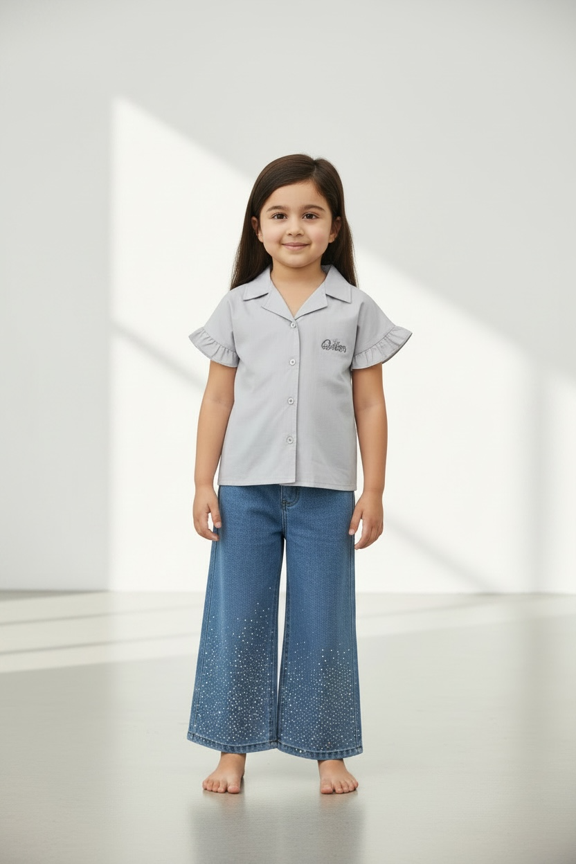 Girls Light Blue Ruffle Sleeve Top & Wide-Leg Denim Pants Set