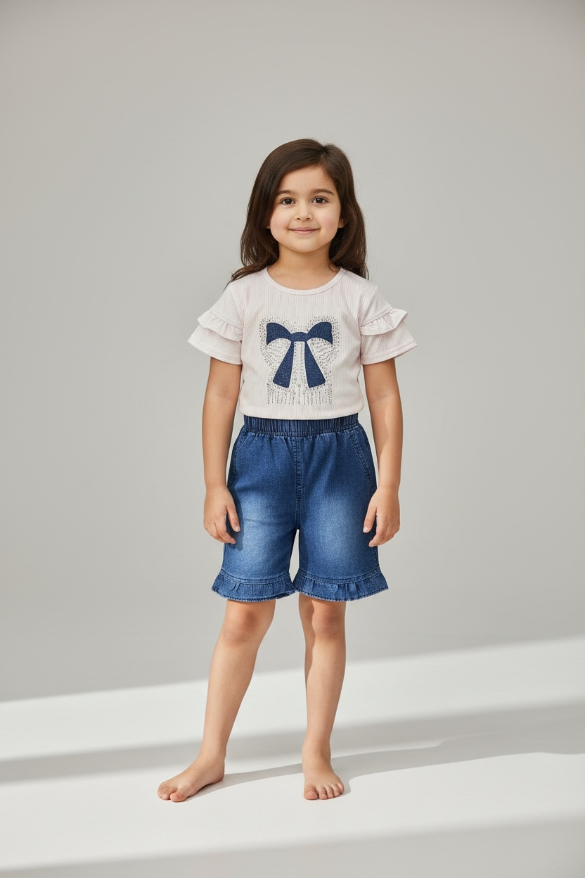 Girls' Ruffle-Sleeve Bow Tee & Denim Shorts Set