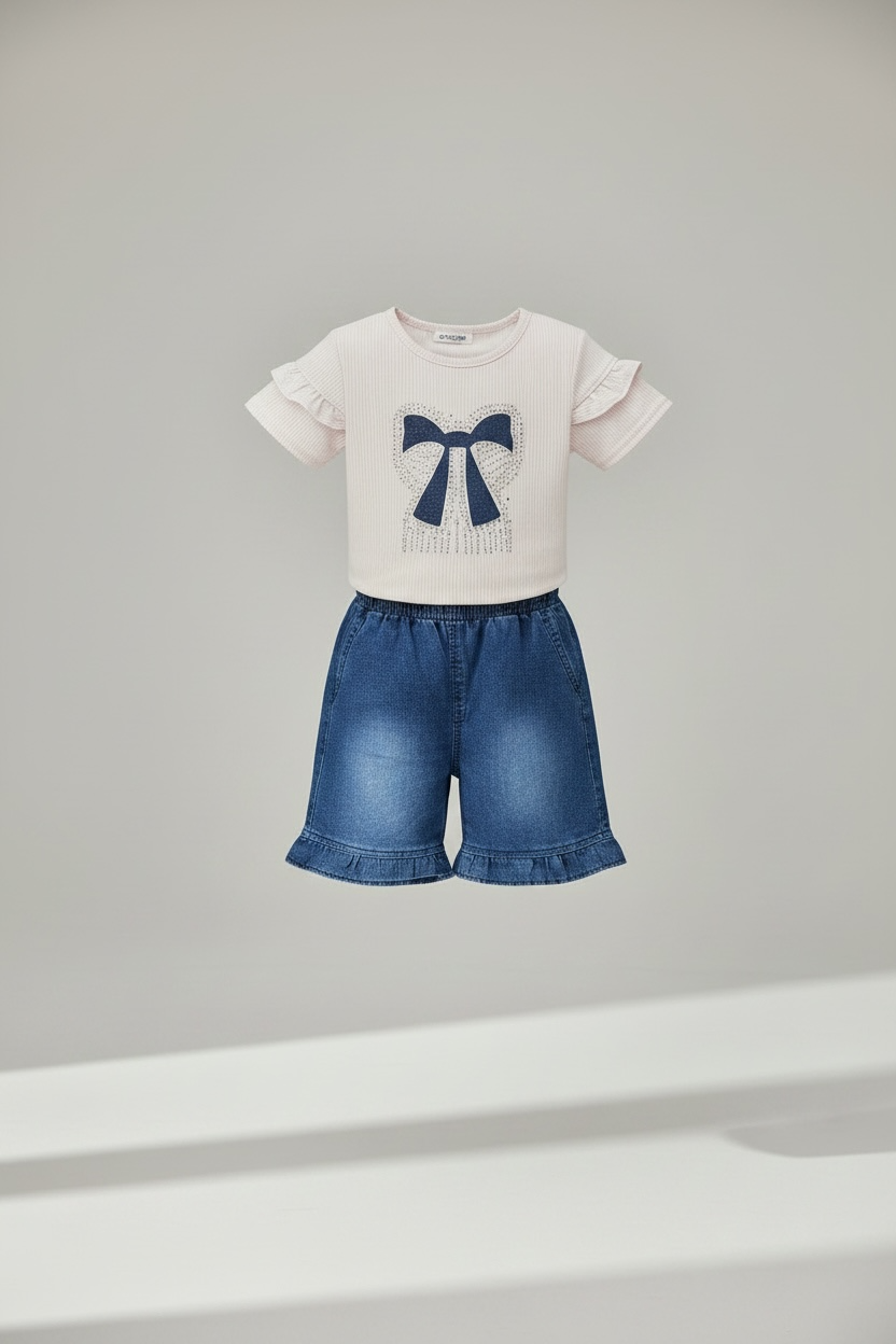 Girls' Ruffle-Sleeve Bow Tee & Denim Shorts Set