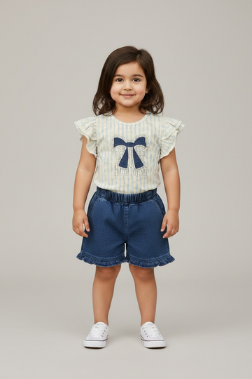 Girls' Ruffle-Sleeve Bow Tee & Denim Shorts Set