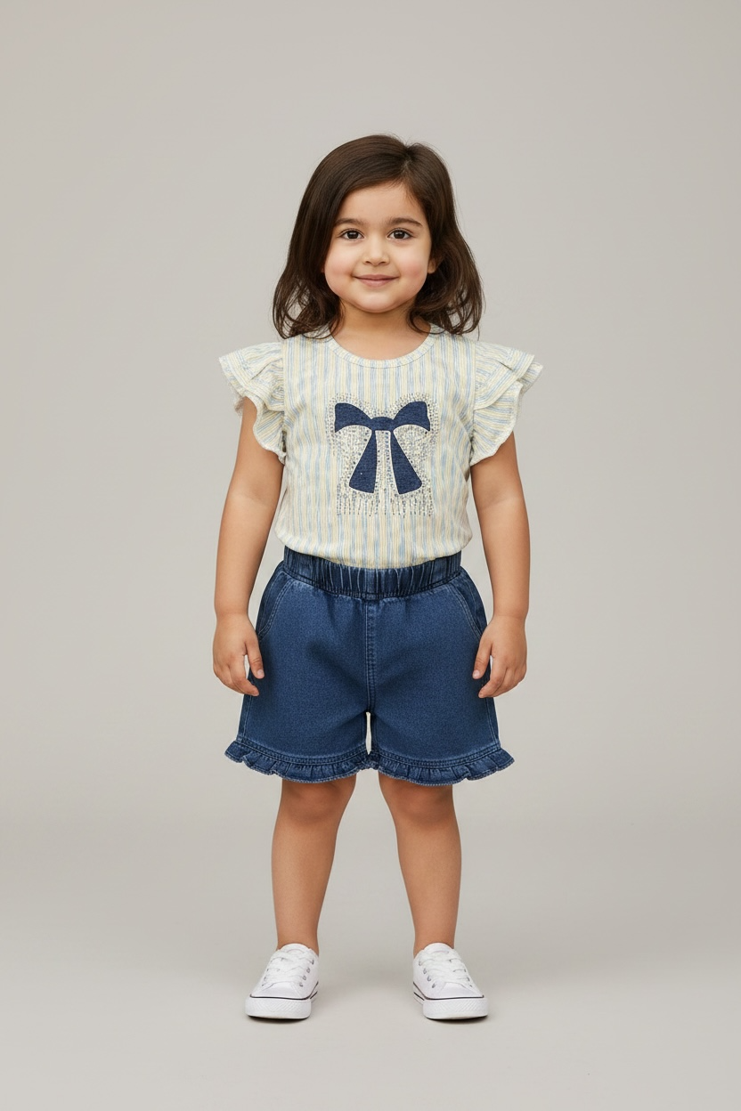 Girls' Ruffle-Sleeve Bow Tee & Denim Shorts Set