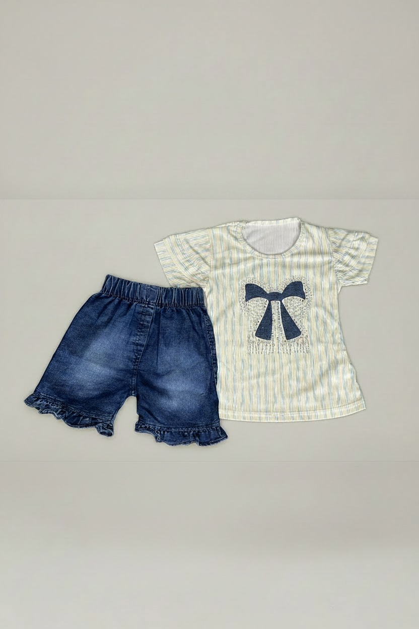 Girls' Ruffle-Sleeve Bow Tee & Denim Shorts Set