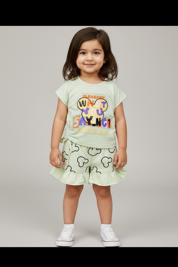 Girls Light Green Printed Top & Shorts Set