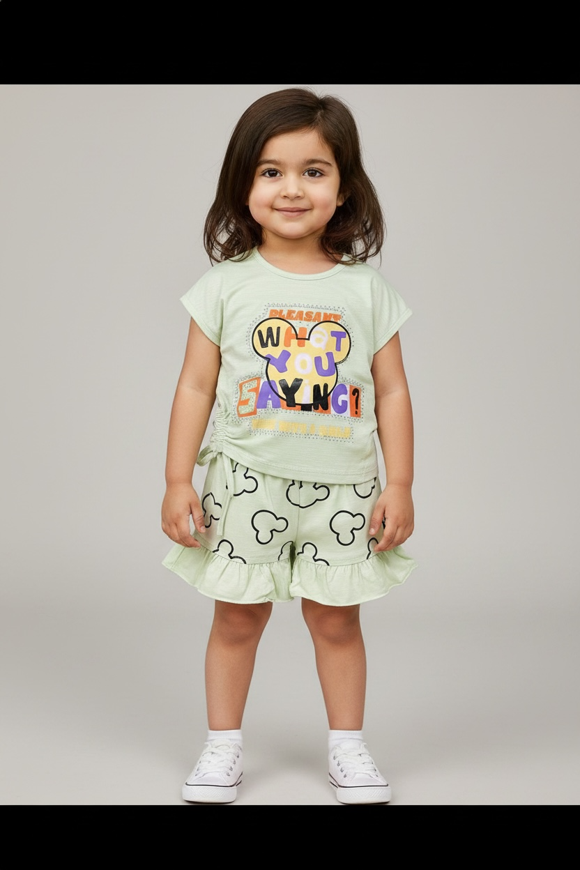 Girls Light Green Printed Top & Shorts Set
