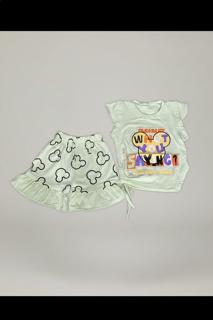 Girls Light Green Printed Top & Shorts Set