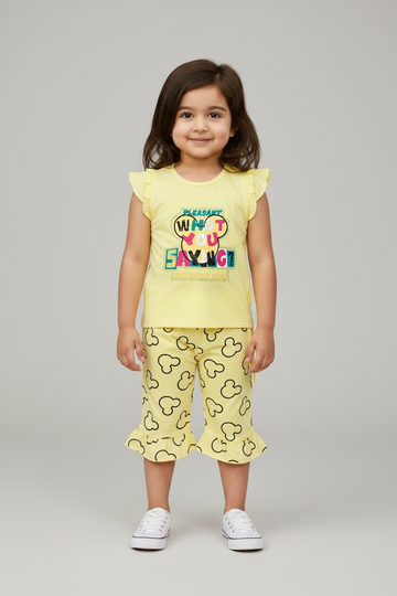 Girls Yellow Printed Top & Shorts Set