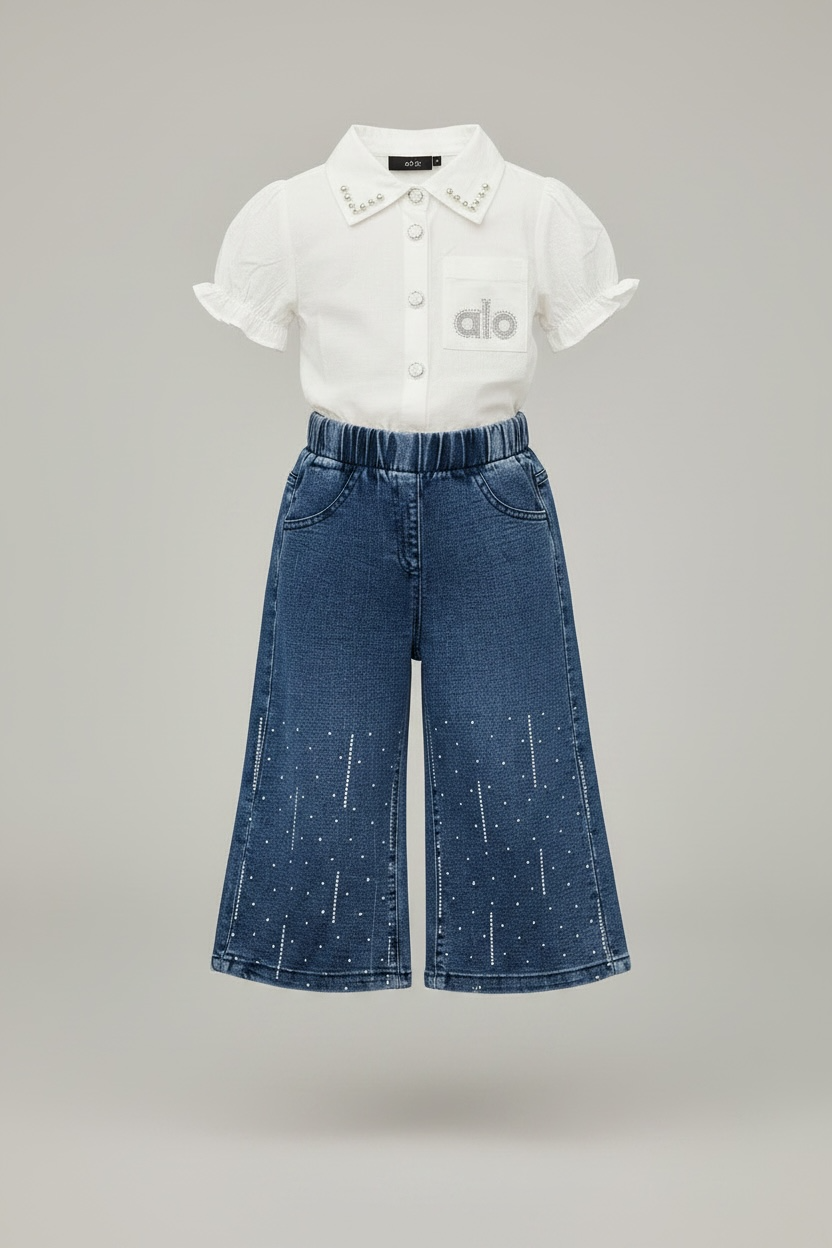 Girls White Shirt & Sparkle Wide-Leg Denim Pants Set
