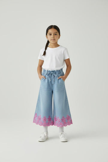 Denim Wide-Leg Pant With Floral Border